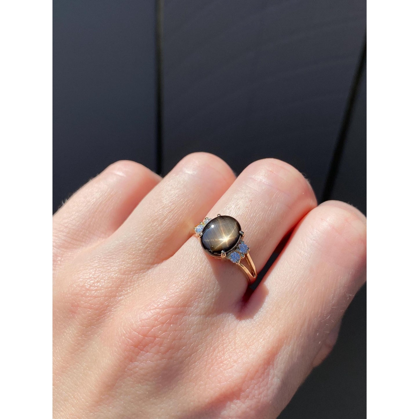 Vintage Solid 14k Yellow Gold Star Sapphire Cubic Zirconia Ring - Size 6.5