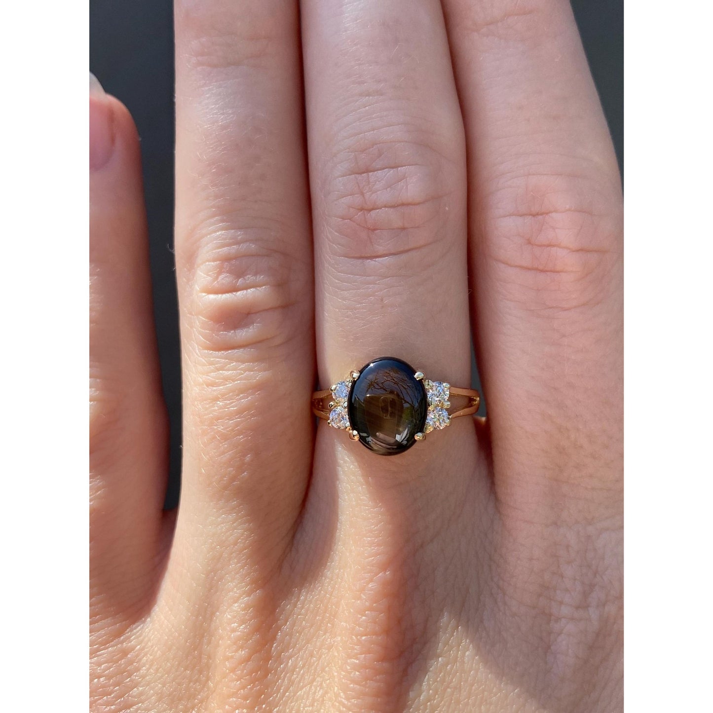 Vintage Solid 14k Yellow Gold Star Sapphire Cubic Zirconia Ring - Size 6.5