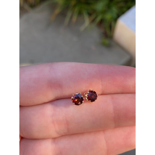 Vintage Solid 14k Yellow Gold Red Cubic Zirconia Stud Earrings