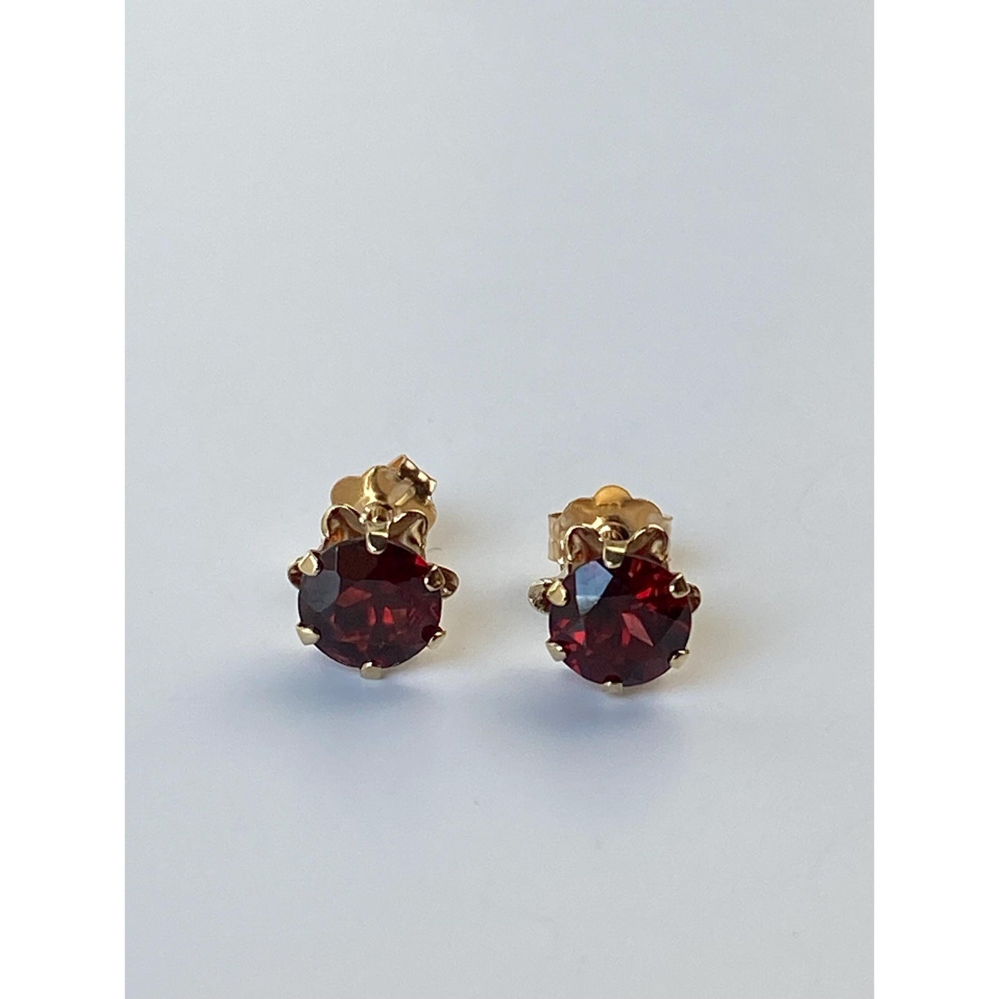 Vintage Solid 14k Yellow Gold Red Cubic Zirconia Stud Earrings
