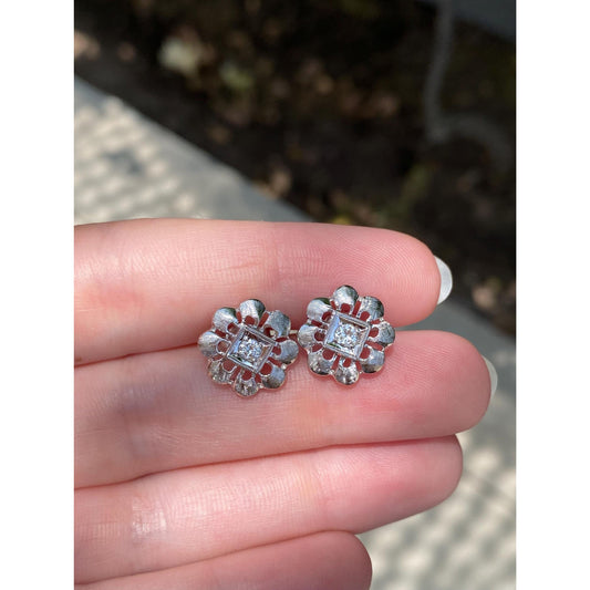 Vintage Solid 14k White Gold Diamond Flower Studs