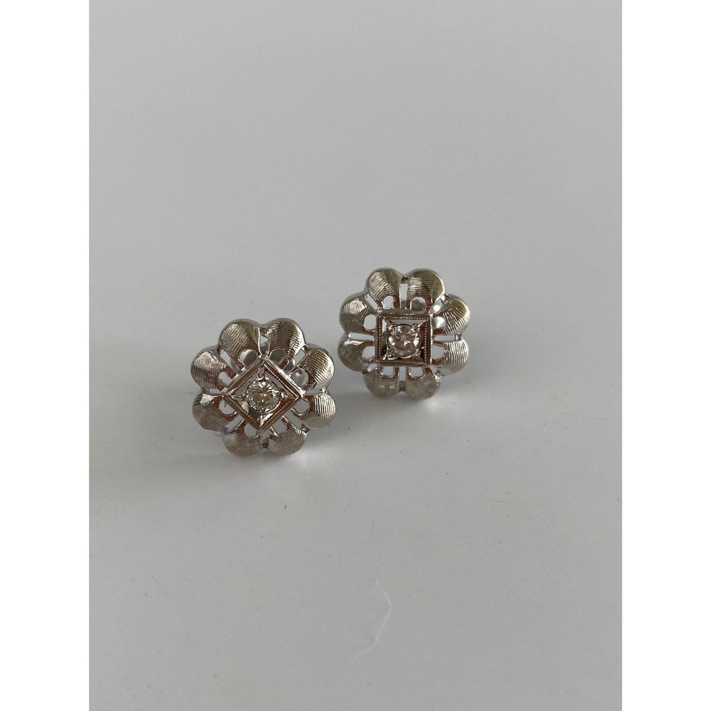 Vintage Solid 14k White Gold Diamond Flower Studs