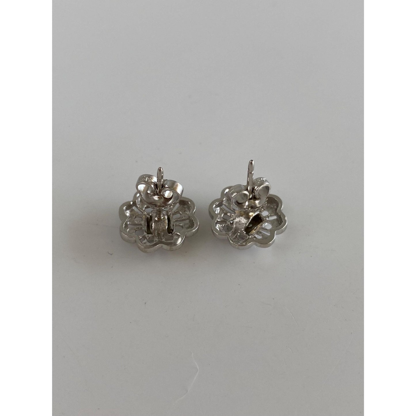Vintage Solid 14k White Gold Diamond Flower Studs