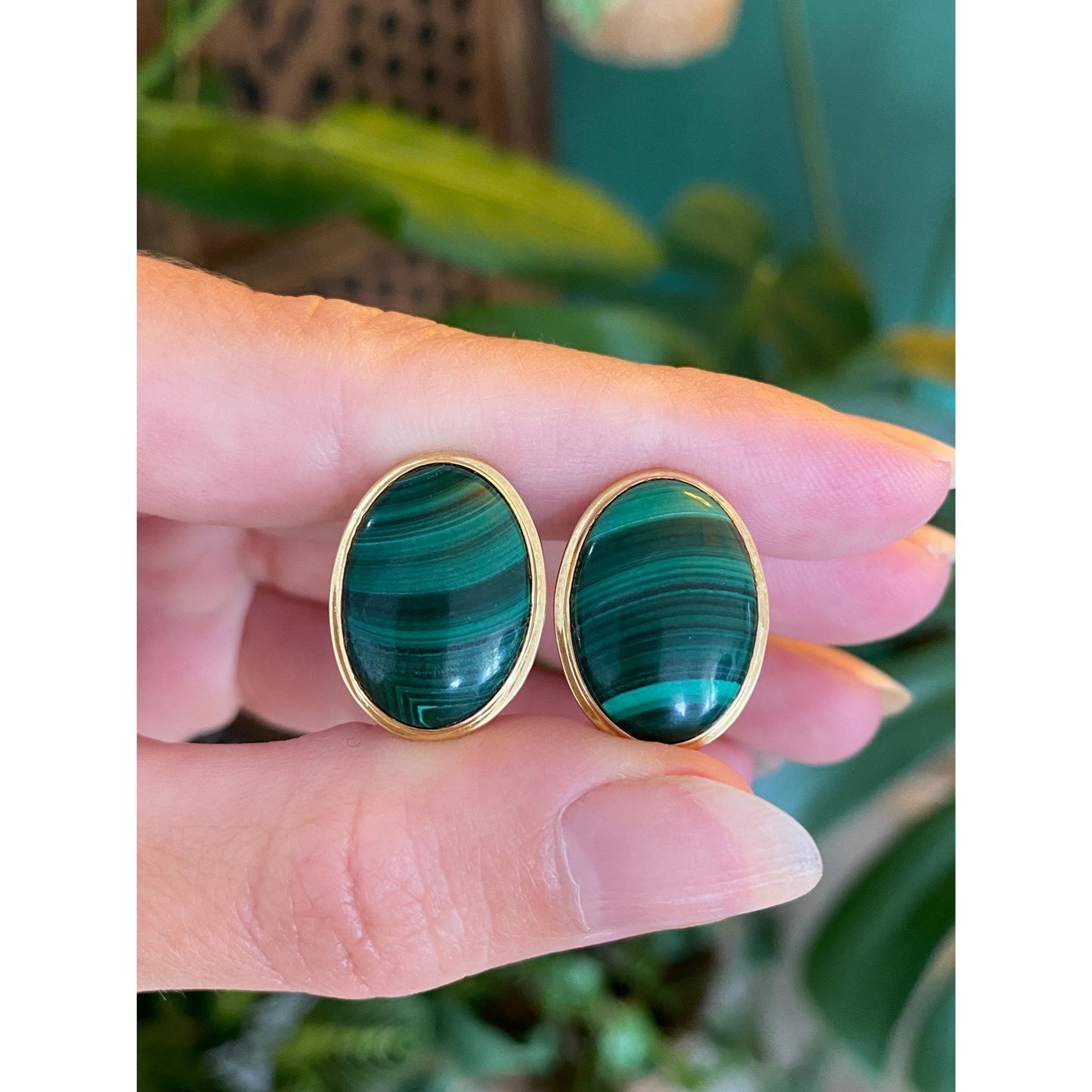 Vintage Solid 14k Yellow Gold Malachite Drop Earrings