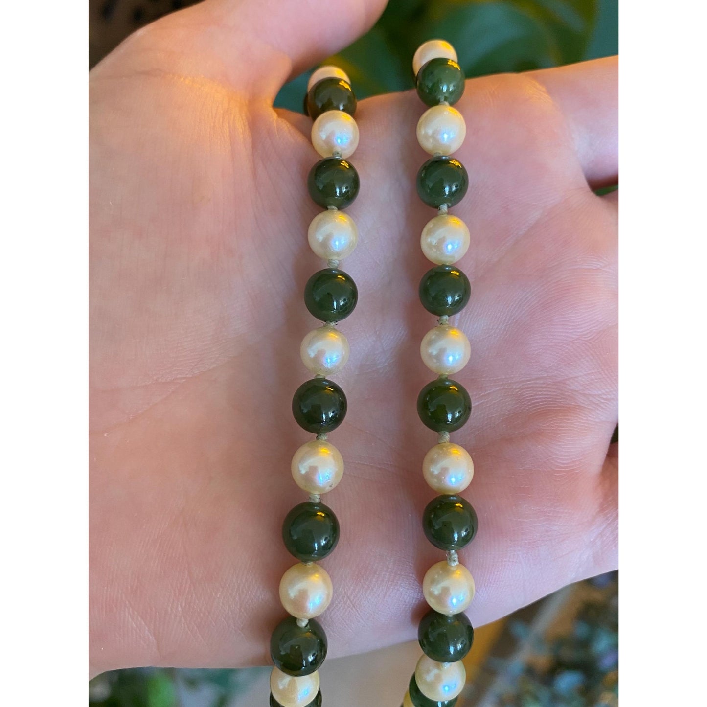 Vintage Solid 10k Yellow Gold Pearl Nephrite Beaded Necklace - 16.25 inches