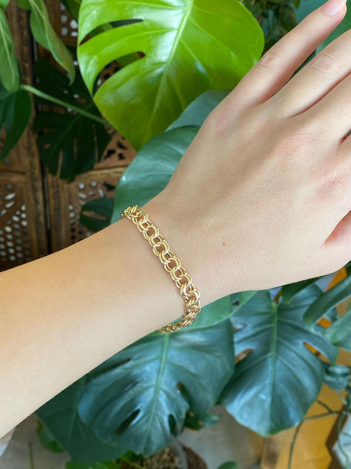 Vintage Solid 14k Yellow Gold Double Link Charm Bracelet - 7.25 inches