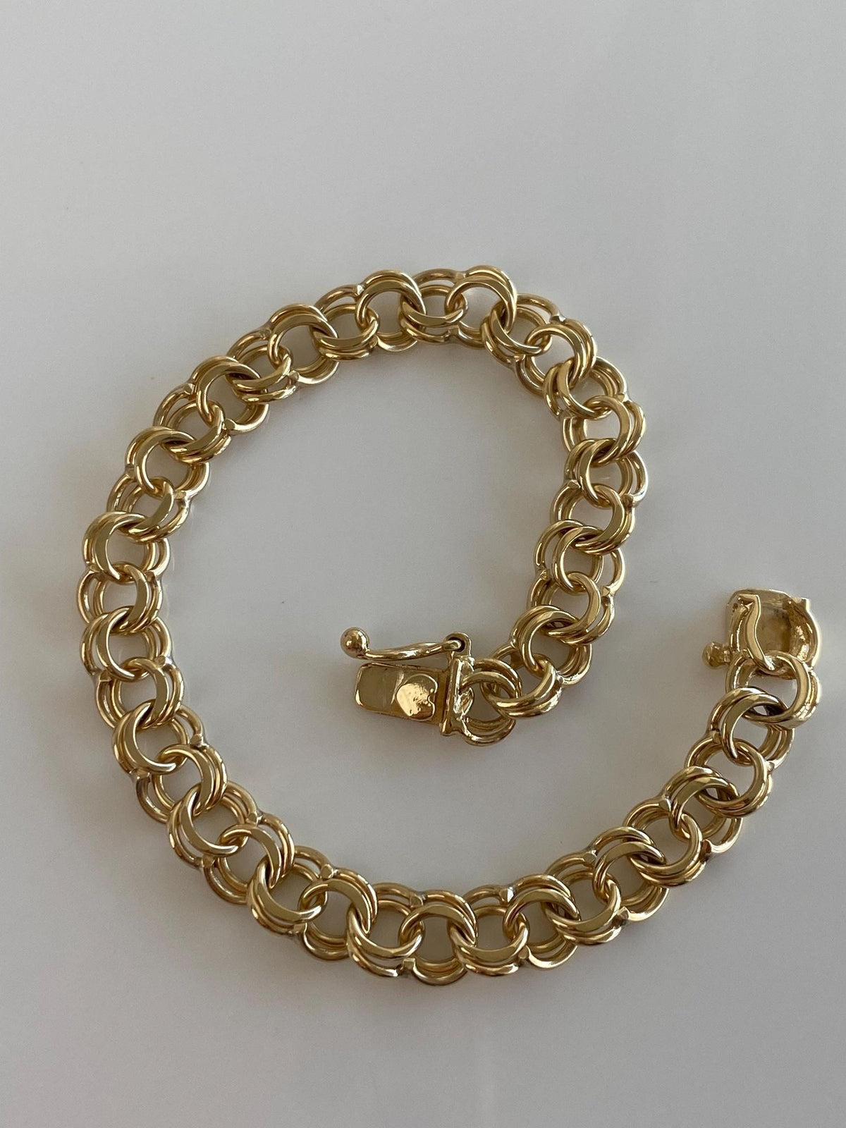 Vintage Solid 14k Yellow Gold Double Link Charm Bracelet - 7.25 inches