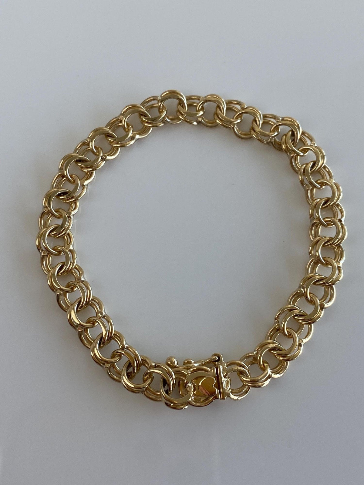 Vintage Solid 14k Yellow Gold Double Link Charm Bracelet - 7.25 inches