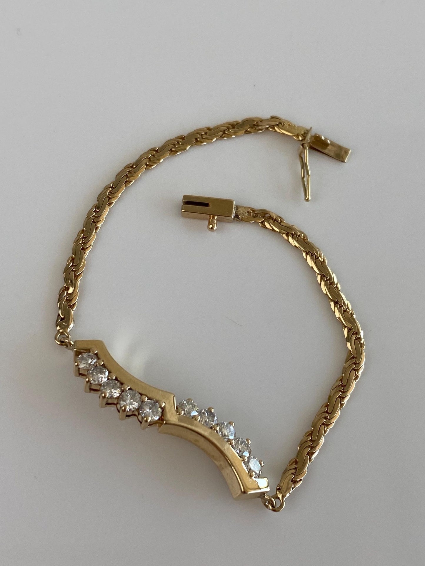 Vintage Solid 14k Yellow Gold Diamond Flat Rope Chain Bracelet - 6 inches