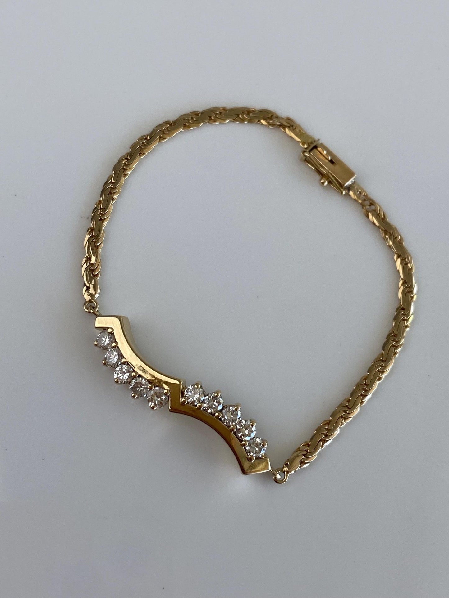 Vintage Solid 14k Yellow Gold Diamond Flat Rope Chain Bracelet - 6 inches