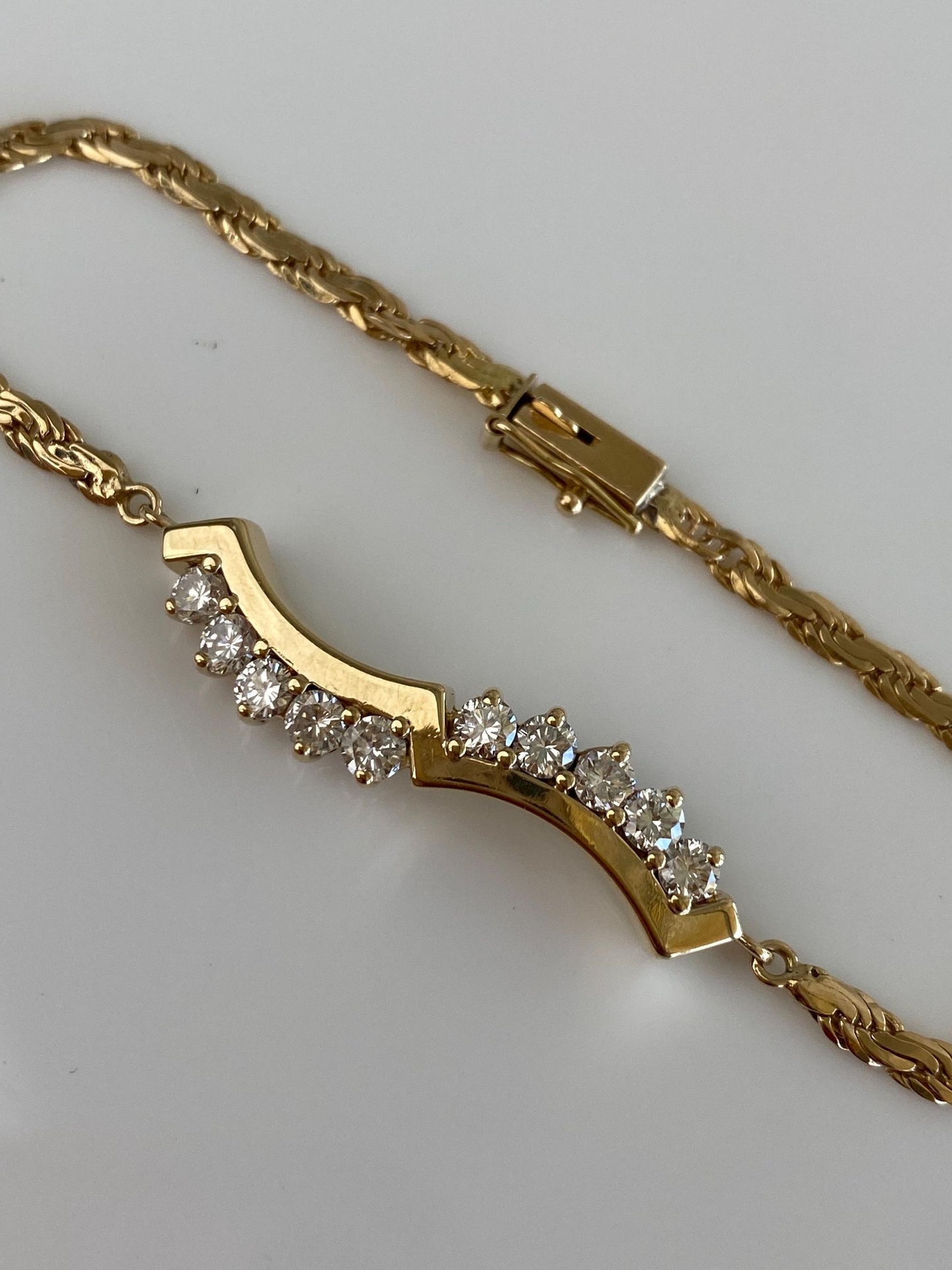 Vintage Solid 14k Yellow Gold Diamond Flat Rope Chain Bracelet - 6 inches