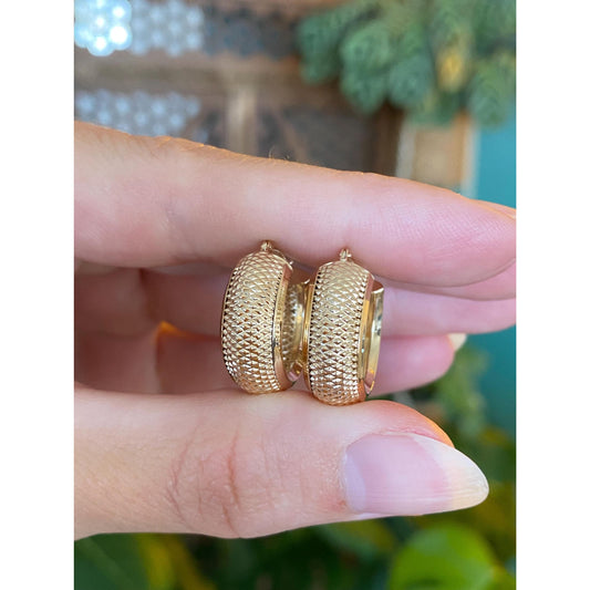Vintage Solid 14k Yellow Gold Textured Chunky Hoop Earrings