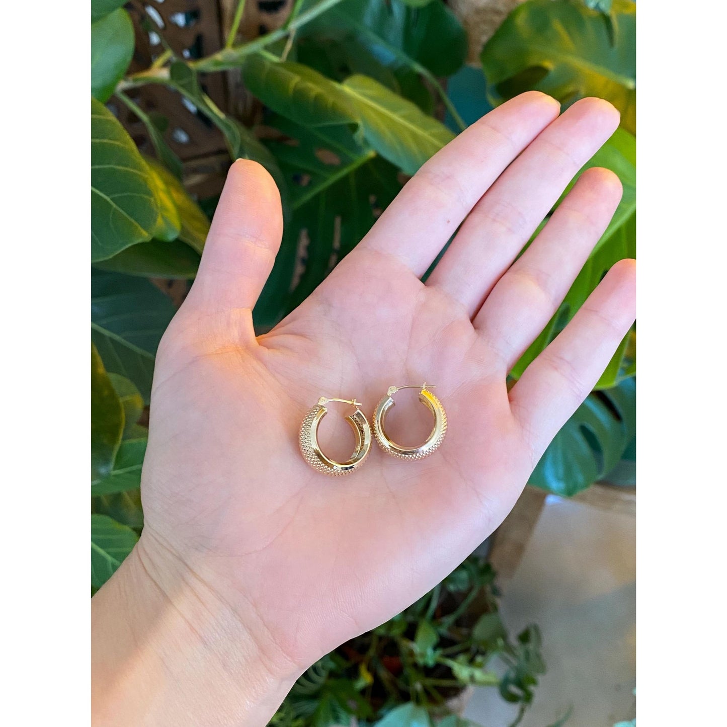 Vintage Solid 14k Yellow Gold Textured Chunky Hoop Earrings