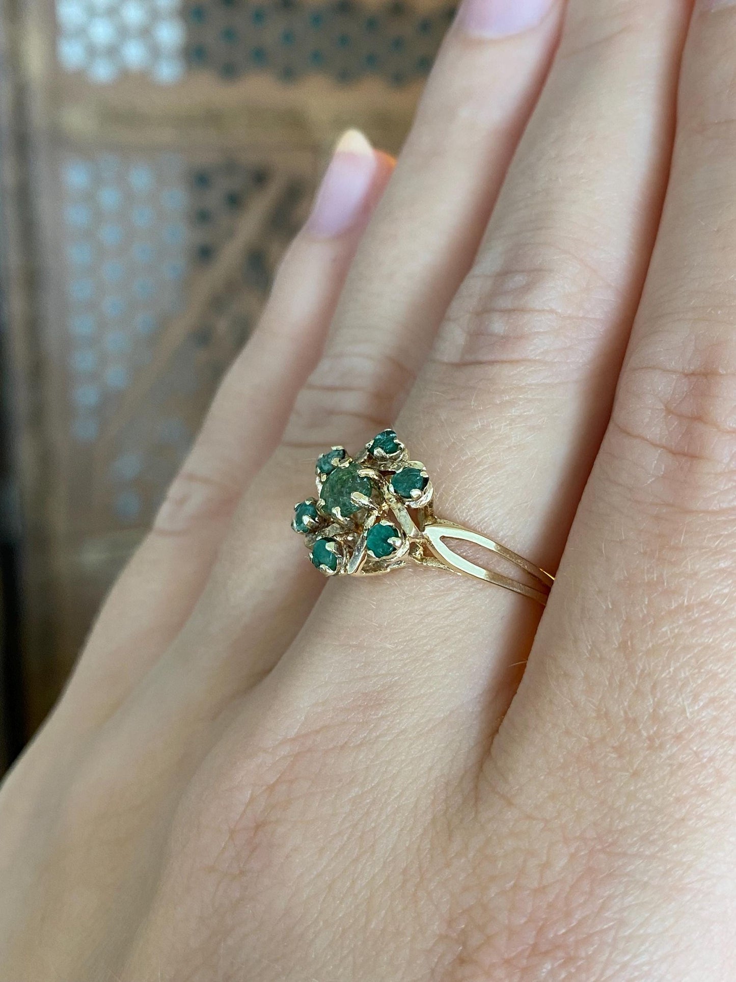 Vintage Solid 14k Yellow Gold Emerald Cluster Ring - Size 7.25