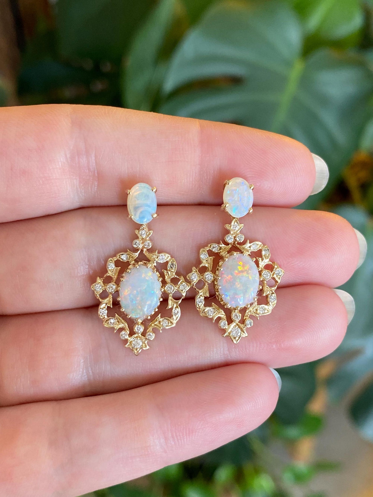 Vintage Solid 14k Yellow Gold Diamond Opals Ornate Dangle Stud Earrings