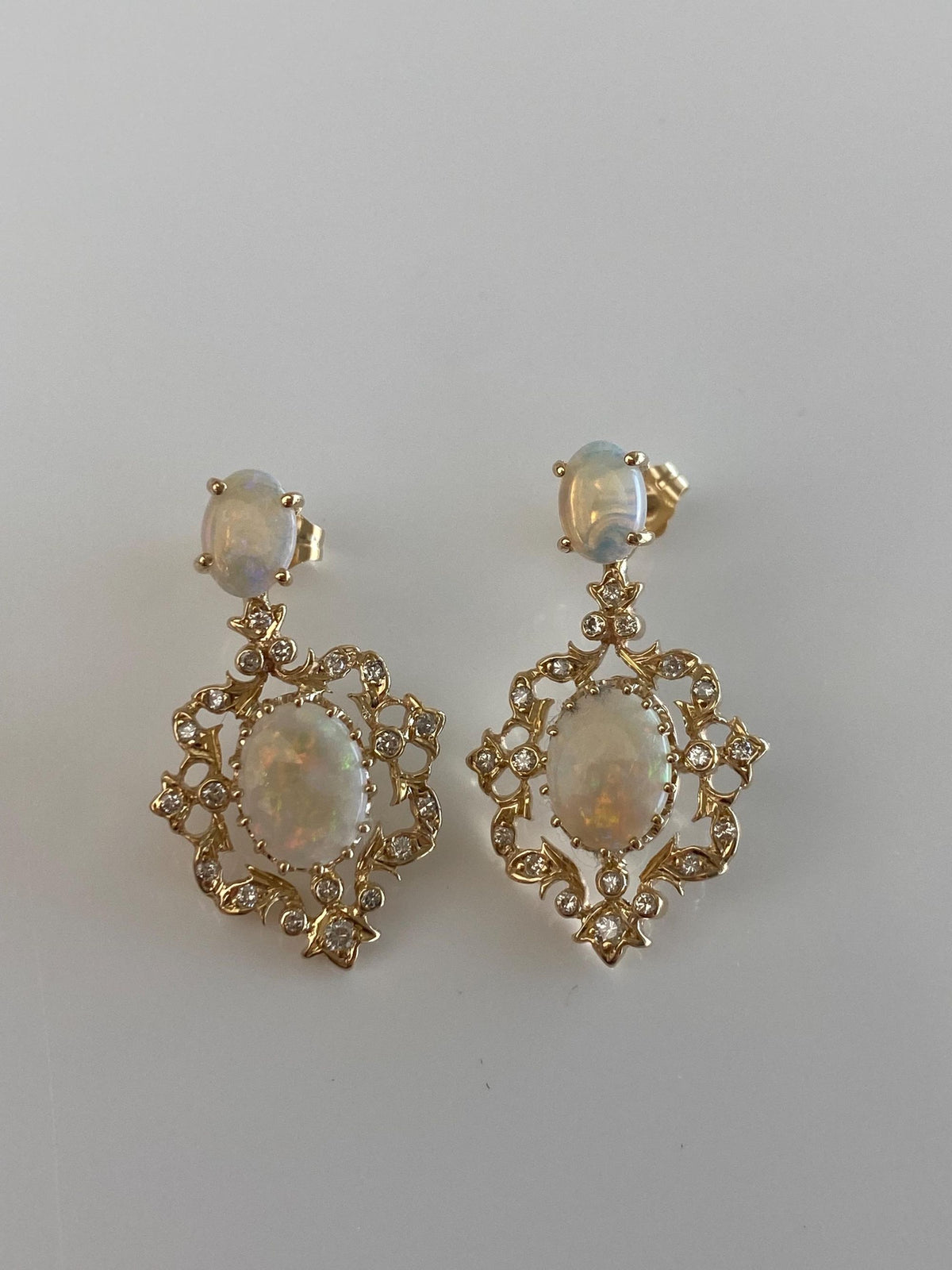Vintage Solid 14k Yellow Gold Diamond Opals Ornate Dangle Stud Earrings