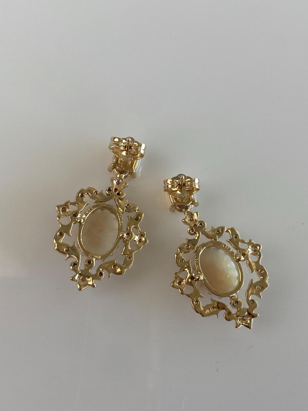 Vintage Solid 14k Yellow Gold Diamond Opals Ornate Dangle Stud Earrings