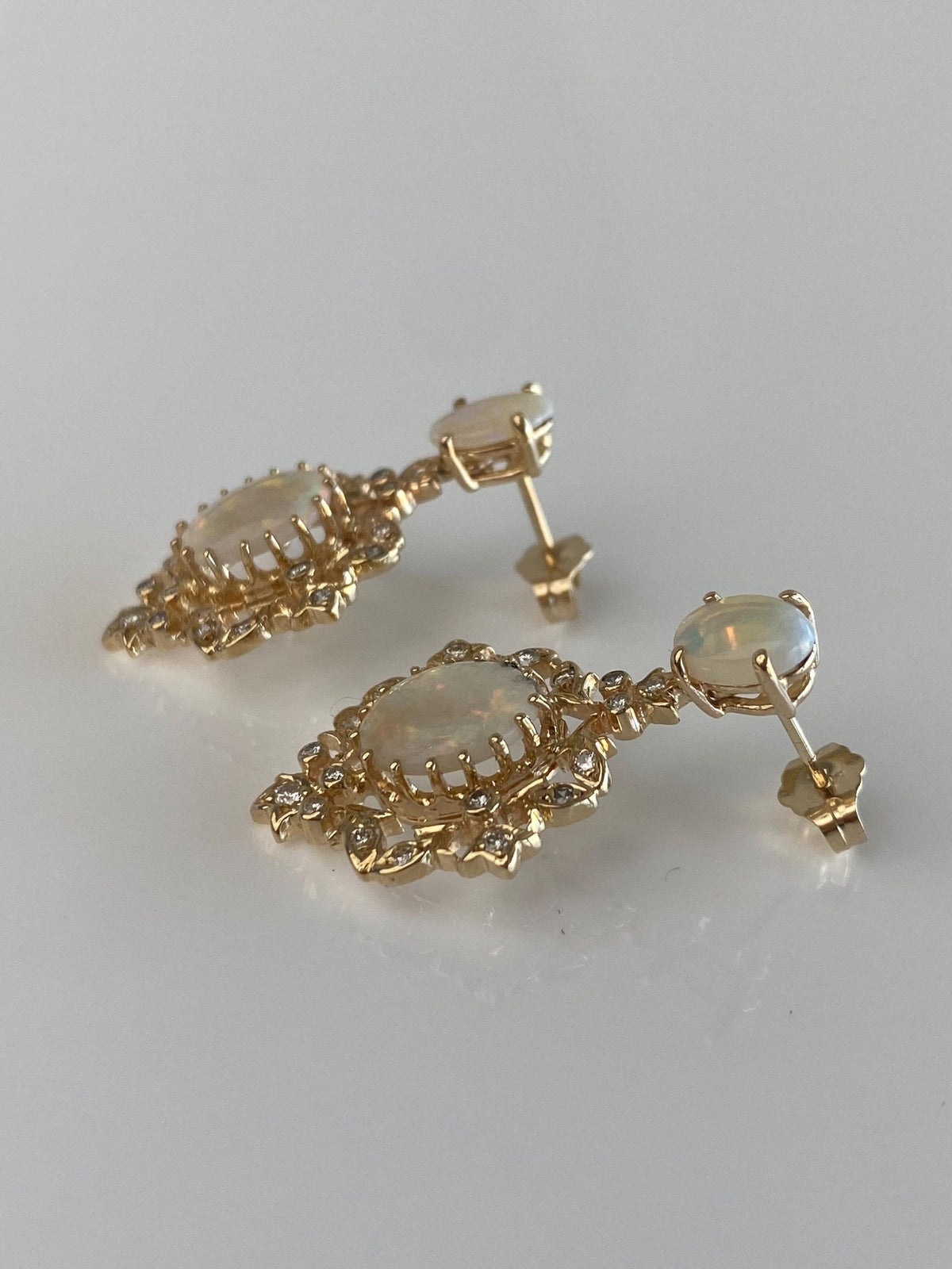 Vintage Solid 14k Yellow Gold Diamond Opals Ornate Dangle Stud Earrings