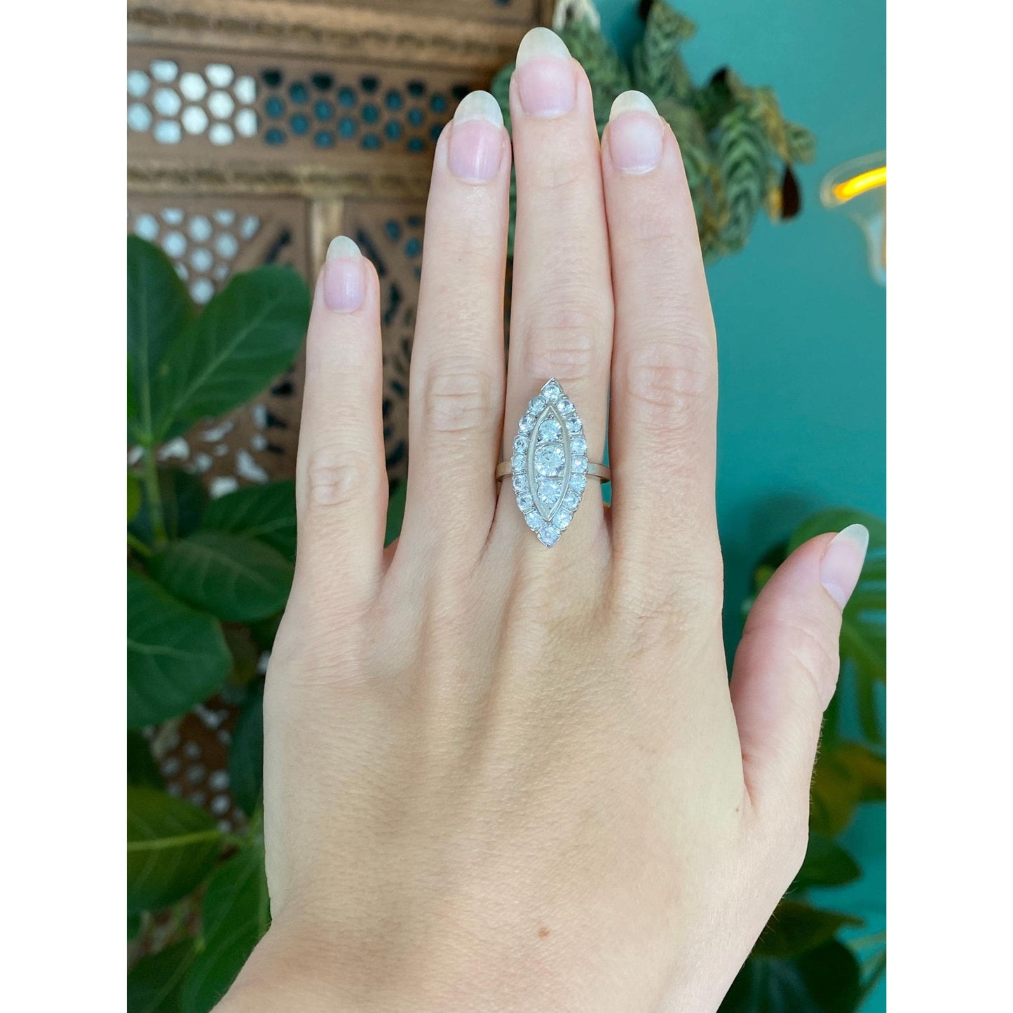 Vintage Solid 14k White Gold Clear Topaz Cluster Ring - Size 6