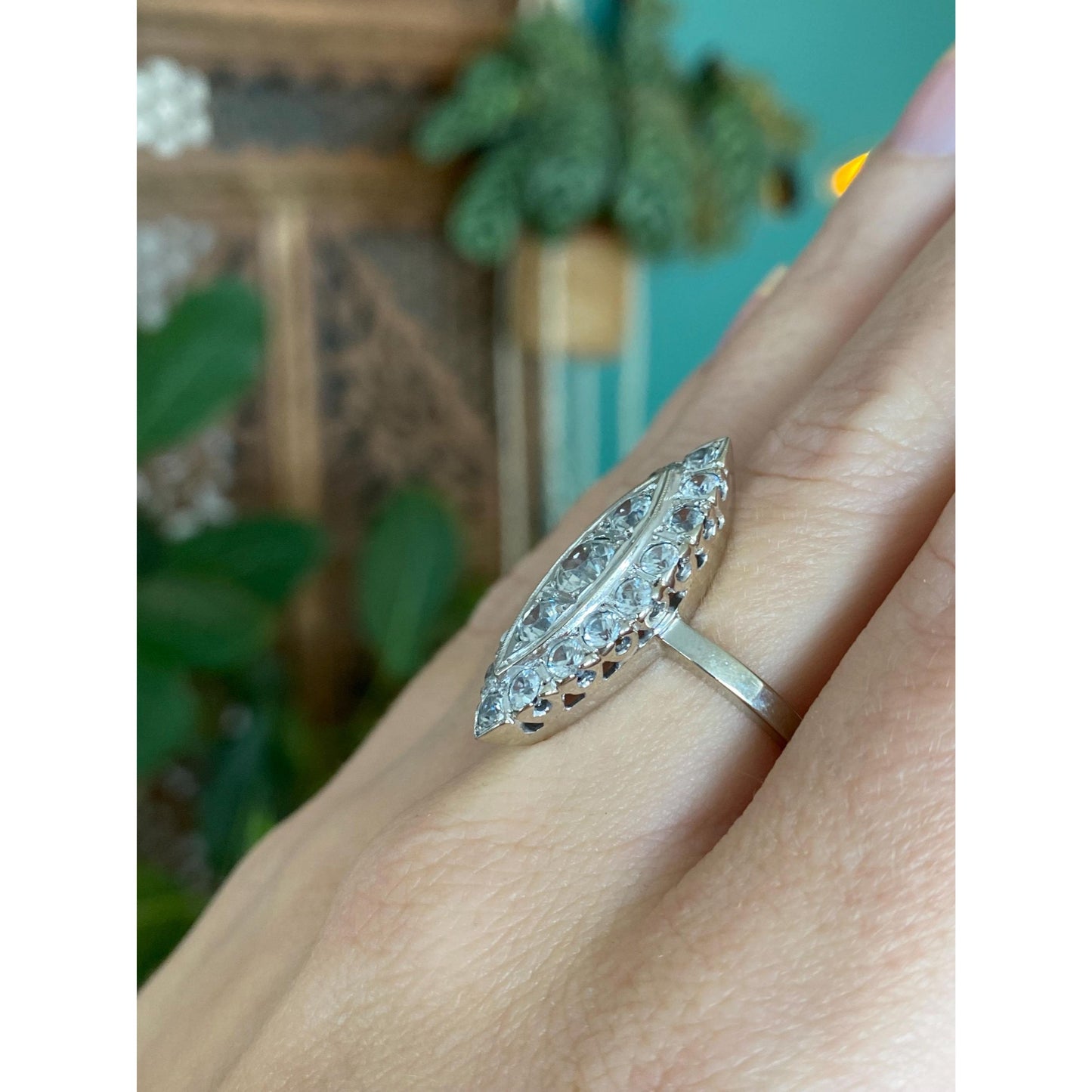 Vintage Solid 14k White Gold Clear Topaz Cluster Ring - Size 6