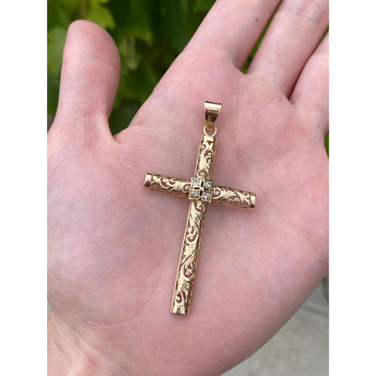 Vintage Solid 12k Yellow Gold Clear Quartz Scrollwork Cross Charm