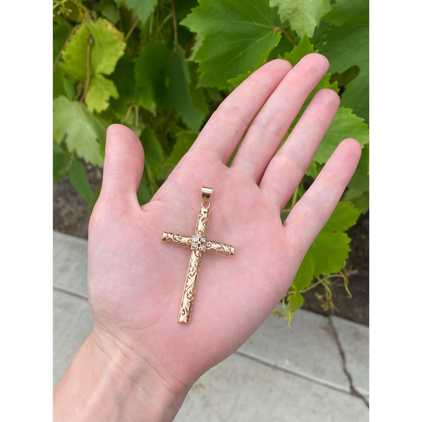 Vintage Solid 12k Yellow Gold Clear Quartz Scrollwork Cross Charm