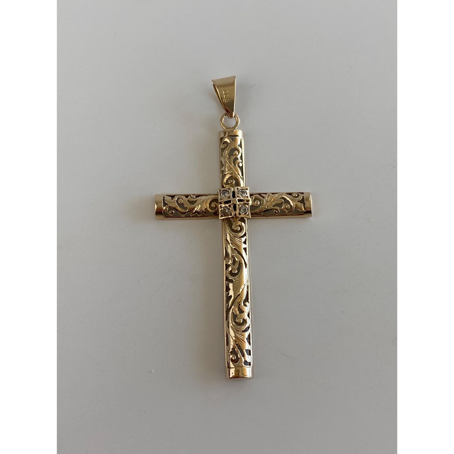 Vintage Solid 12k Yellow Gold Clear Quartz Scrollwork Cross Charm