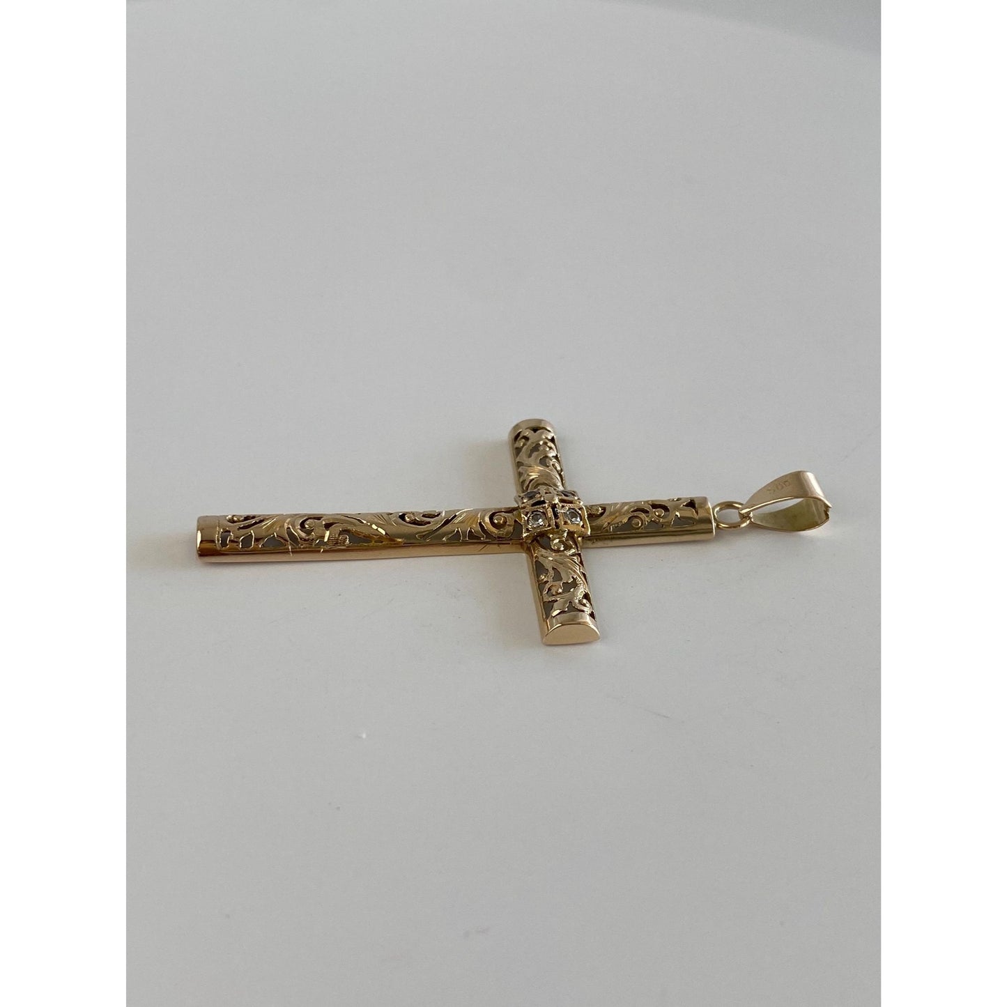 Vintage Solid 12k Yellow Gold Clear Quartz Scrollwork Cross Charm
