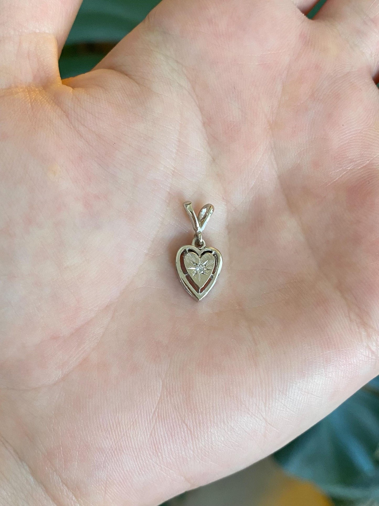 Vintage Solid 14k White Gold Star Set Diamond Heart Charm