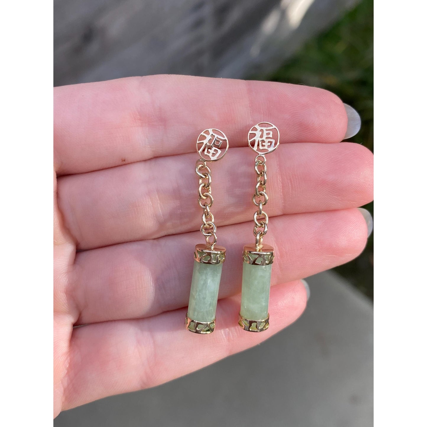 Vintage Solid 14k Yellow Gold Jade Dangle Stud Earrings