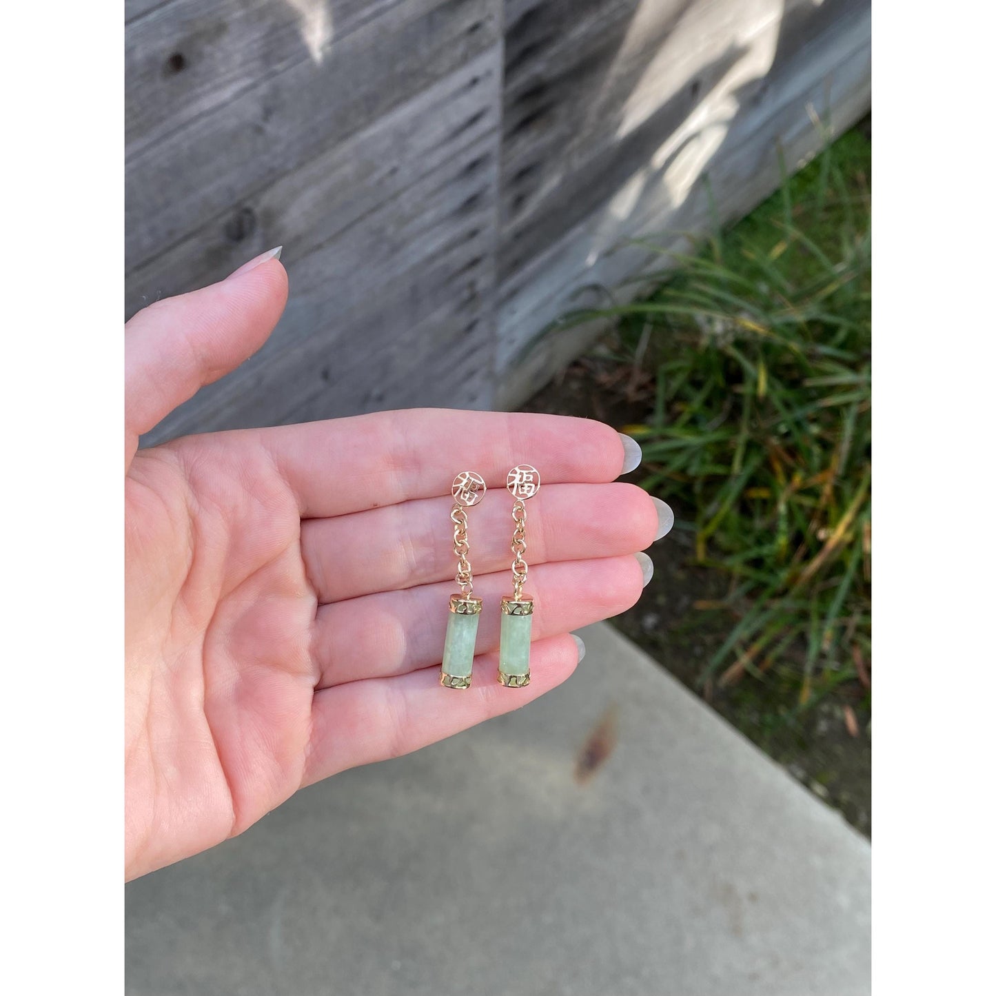 Vintage Solid 14k Yellow Gold Jade Dangle Stud Earrings