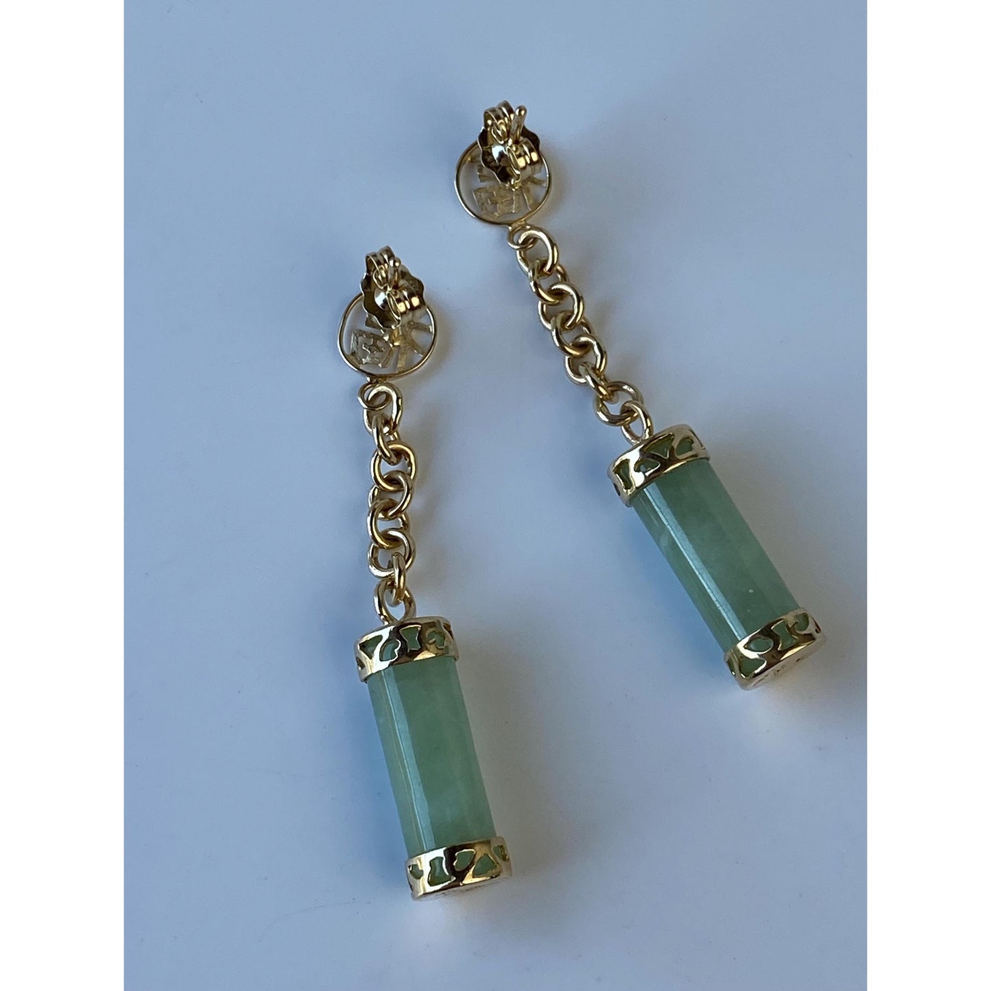 Vintage Solid 14k Yellow Gold Jade Dangle Stud Earrings