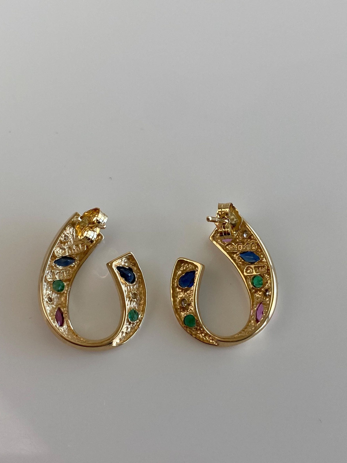 Vintage Solid 14k Yellow Gold Blue & Pink Sapphire Diamond Emerald Drop Earrings