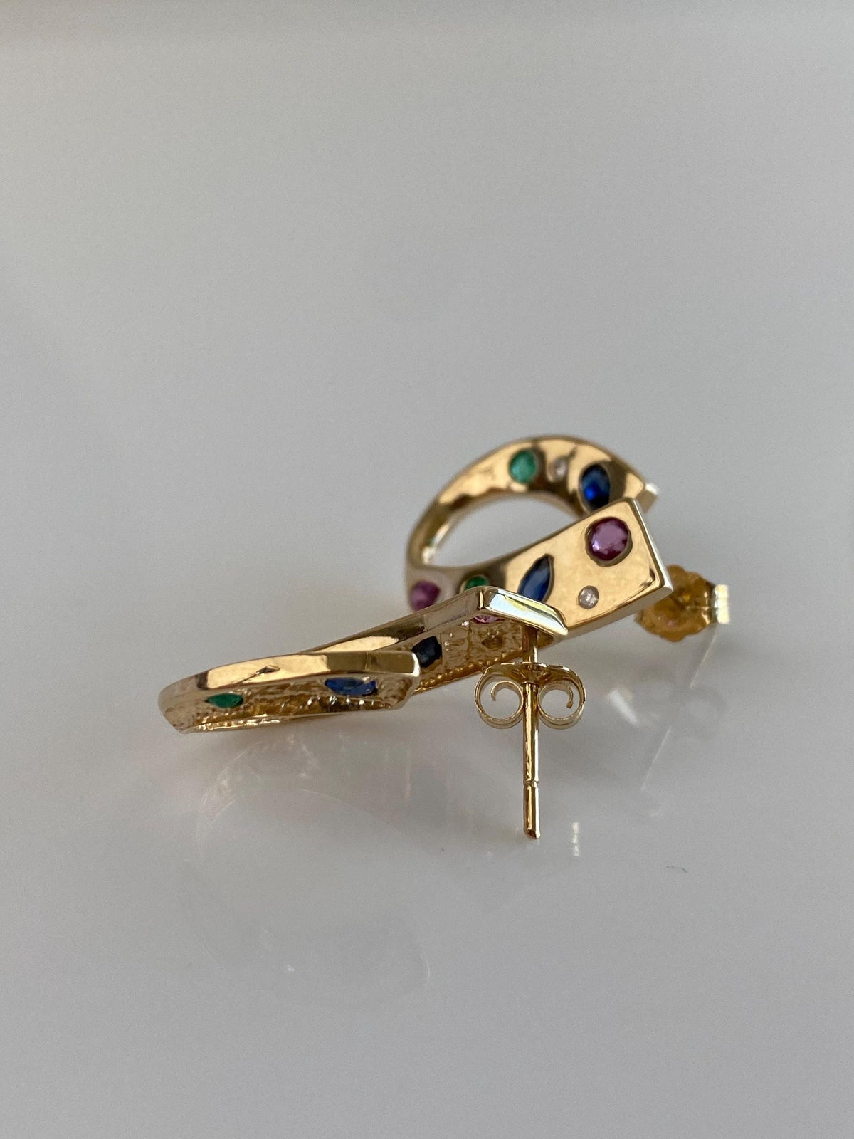 Vintage Solid 14k Yellow Gold Blue & Pink Sapphire Diamond Emerald Drop Earrings
