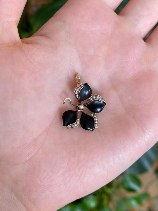 Vintage Solid 10k Rosey Gold Black Enamel Seed Pearls Flower Charm