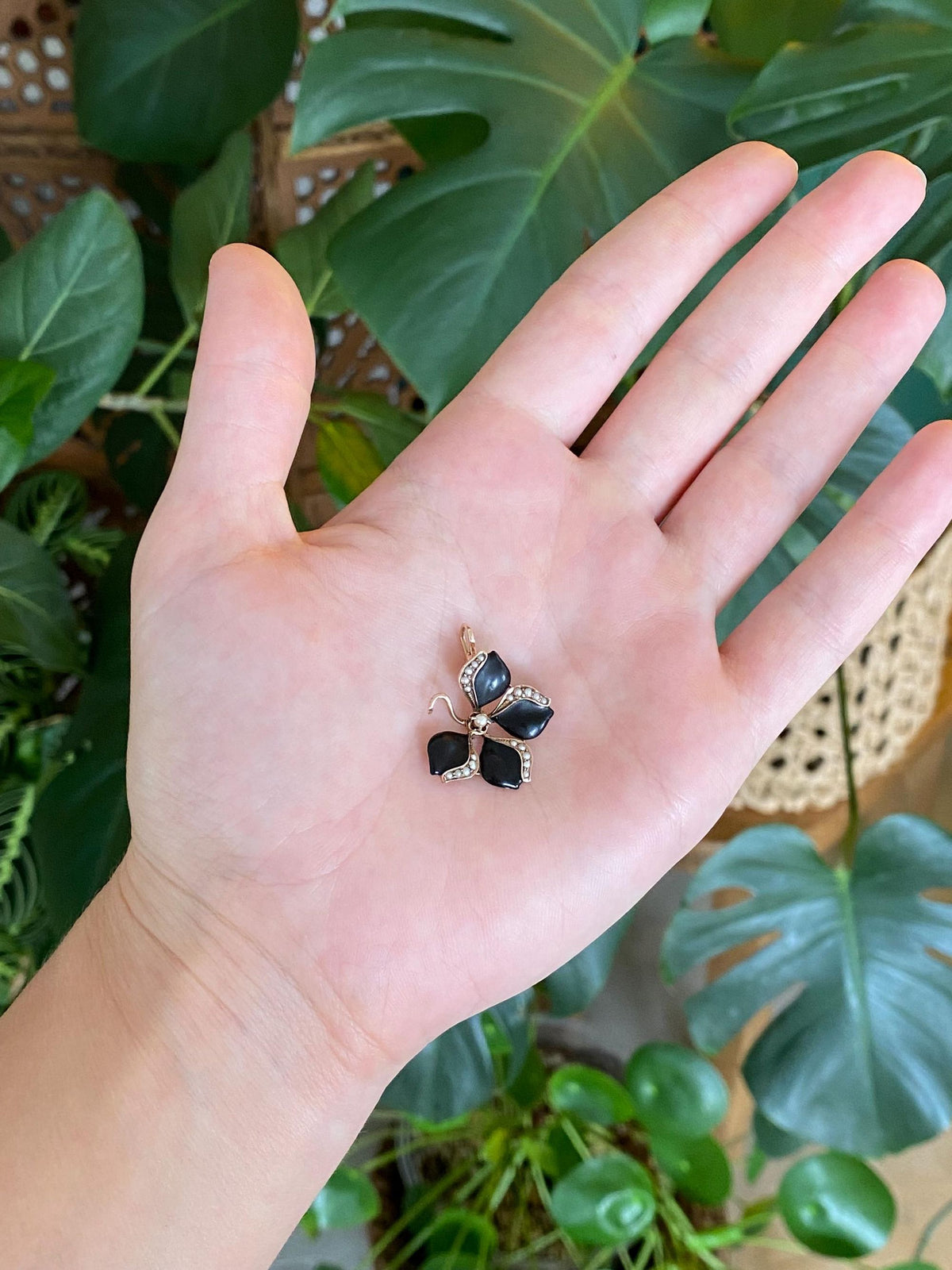 Vintage Solid 10k Rosey Gold Black Enamel Seed Pearls Flower Charm