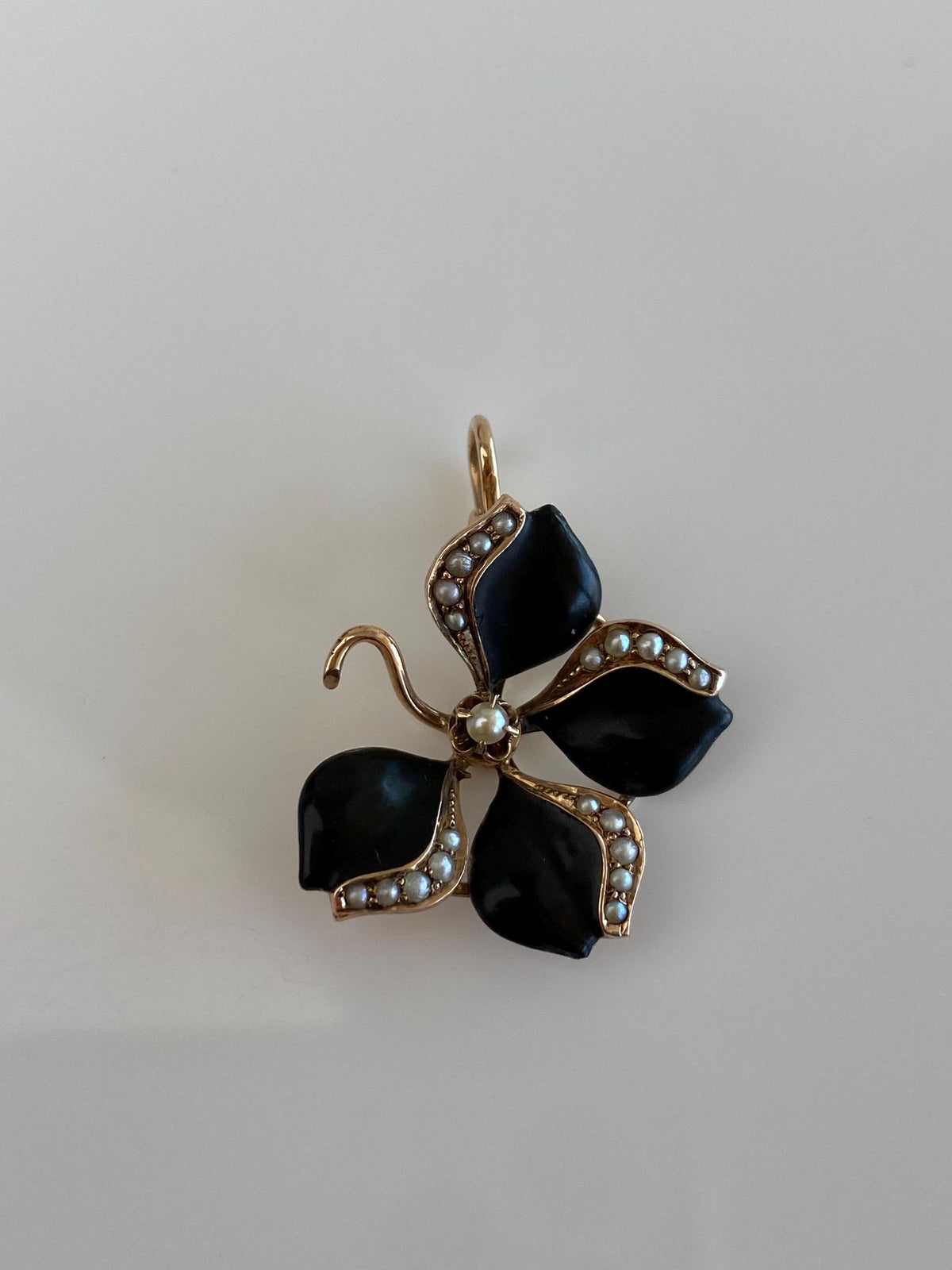 Vintage Solid 10k Rosey Gold Black Enamel Seed Pearls Flower Charm