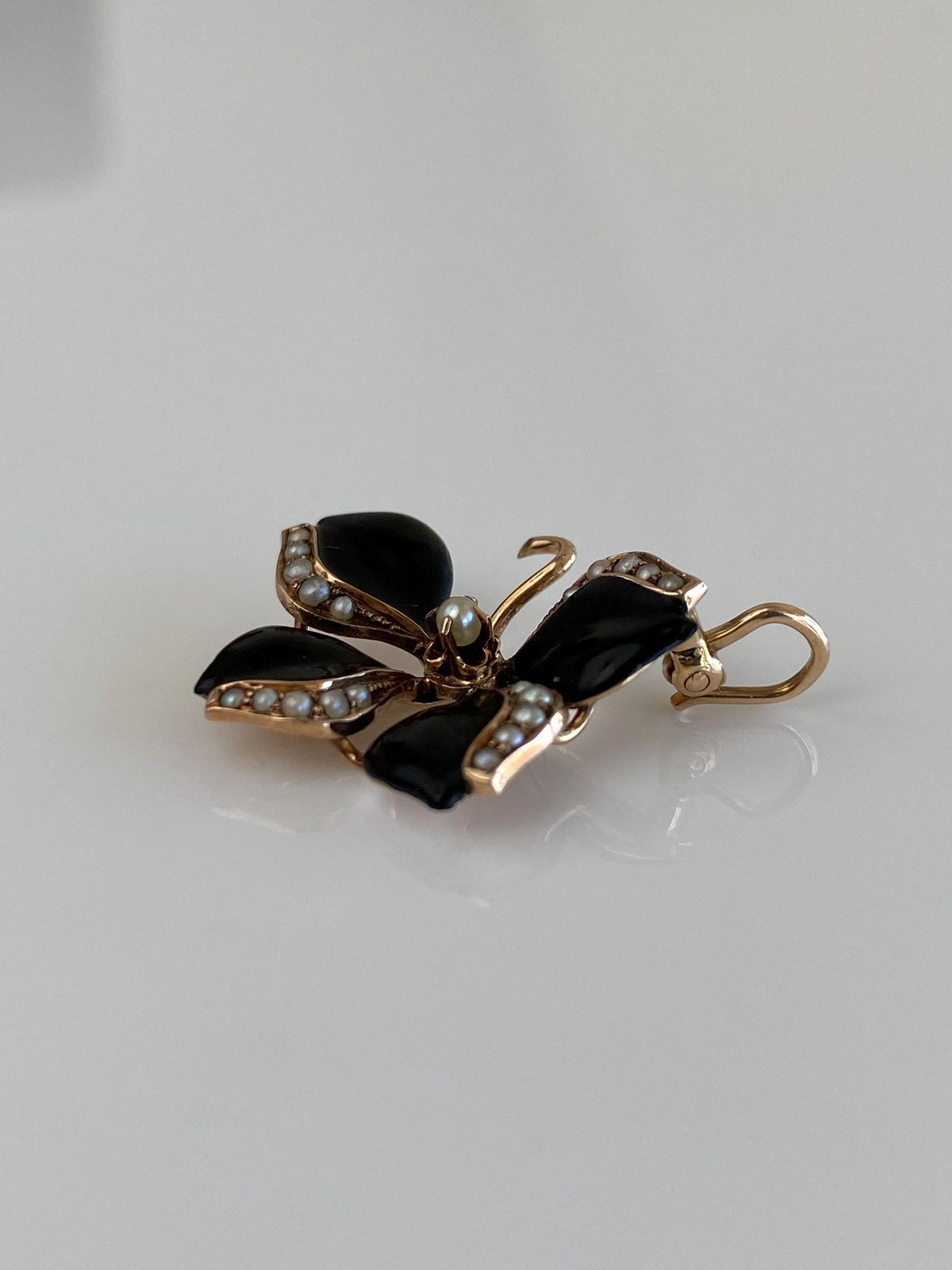 Vintage Solid 10k Rosey Gold Black Enamel Seed Pearls Flower Charm