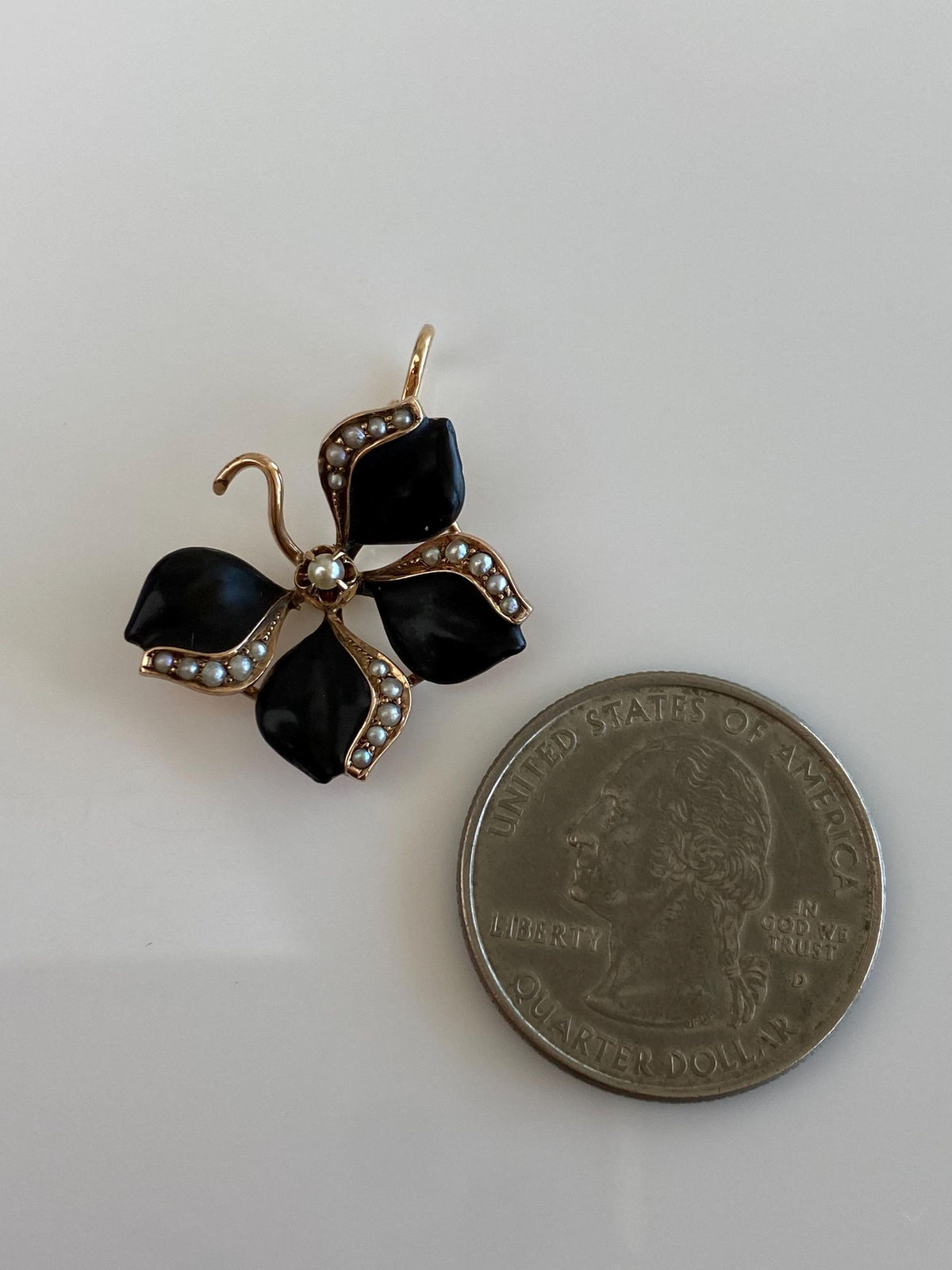 Vintage Solid 10k Rosey Gold Black Enamel Seed Pearls Flower Charm