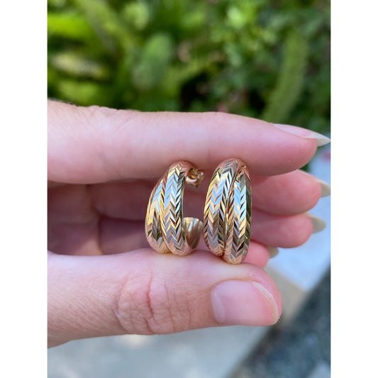 Vintage Solid 14k Yellow Gold Layered Diamond Cut Hoop Earrings