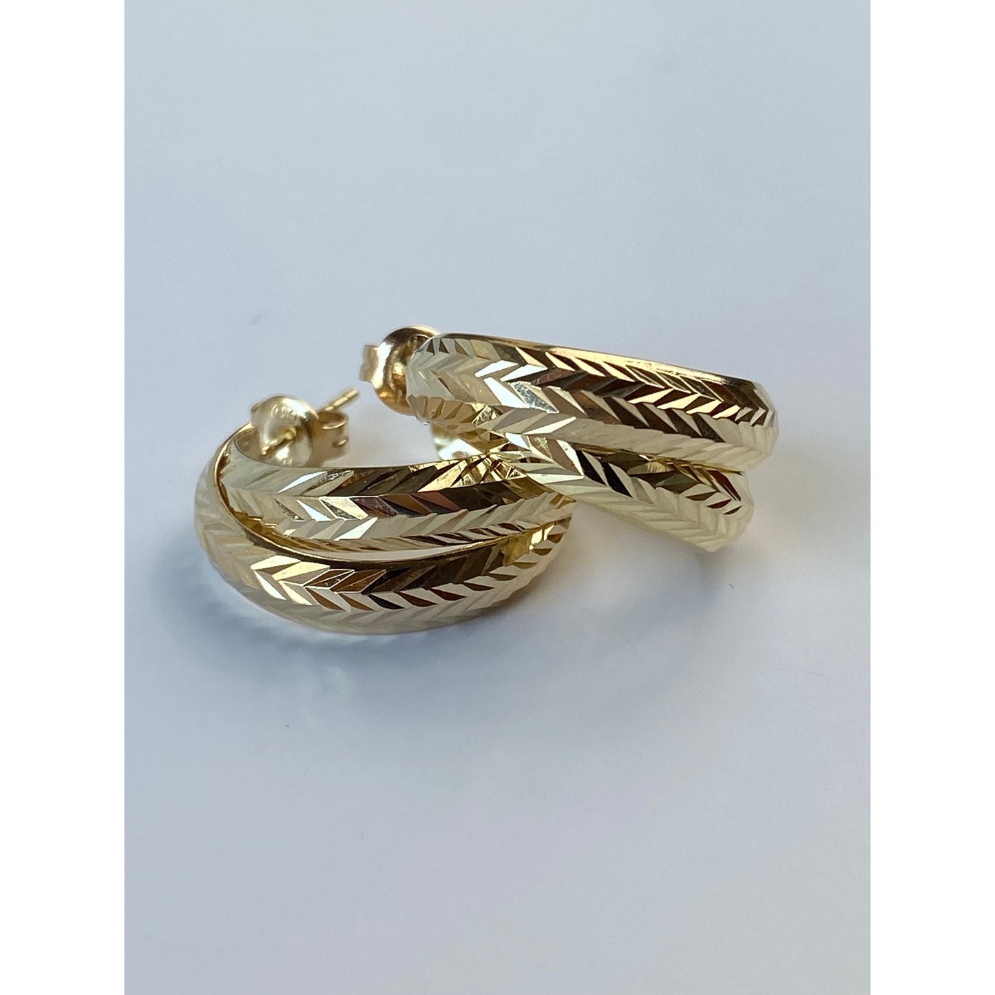 Vintage Solid 14k Yellow Gold Layered Diamond Cut Hoop Earrings