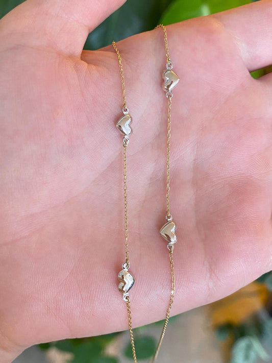 Vintage 14k White & Yellow Gold Hearts Cable Chain Necklace - 15.25 inches