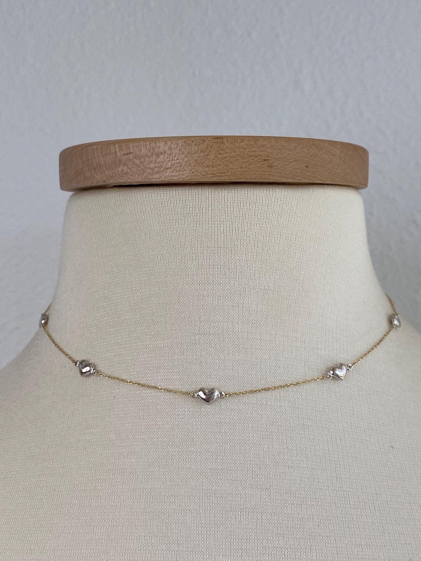 Vintage 14k White & Yellow Gold Hearts Cable Chain Necklace - 15.25 inches