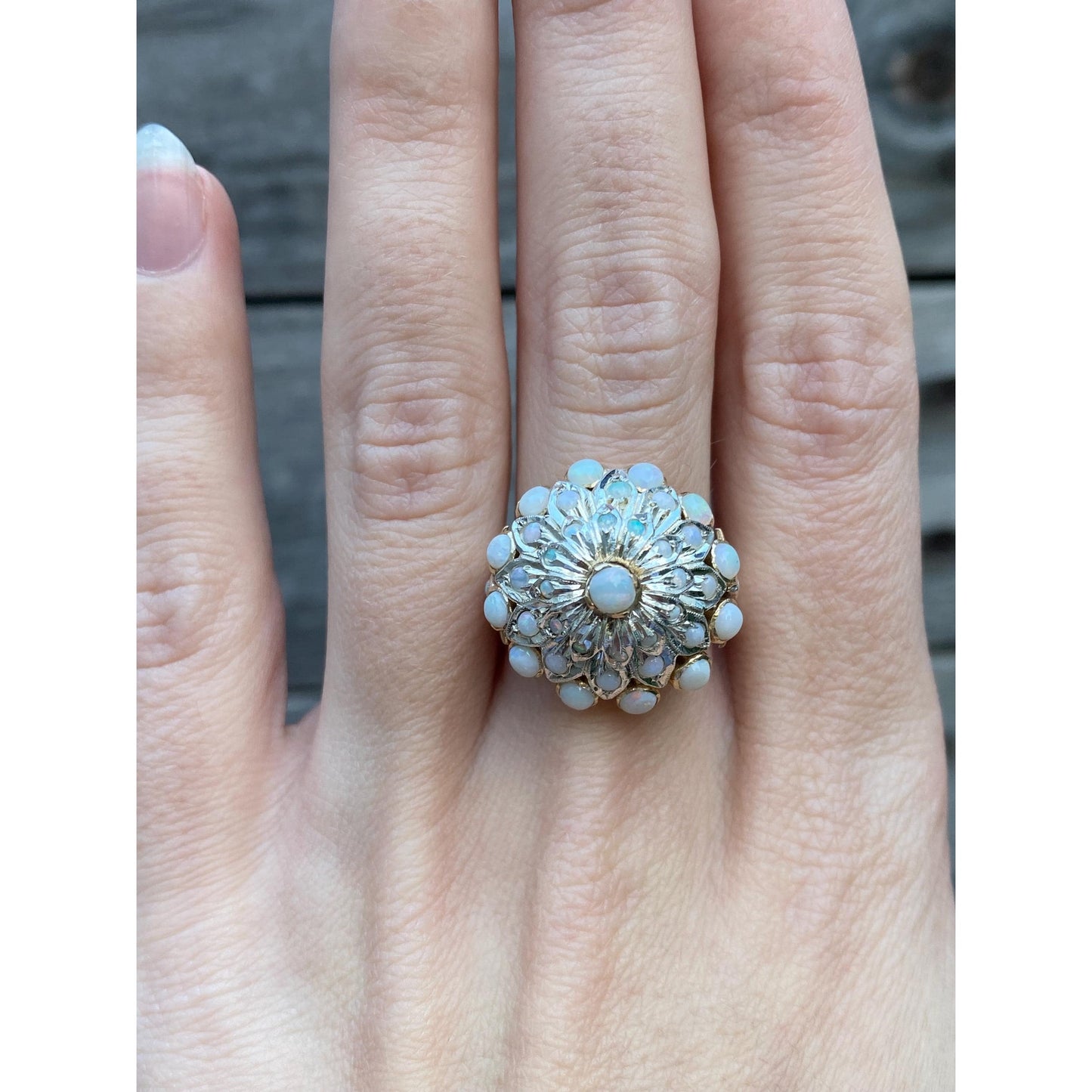 Vintage Solid 14k White & Yellow Gold Opal Halo Cocktail Ring - Size 6.5