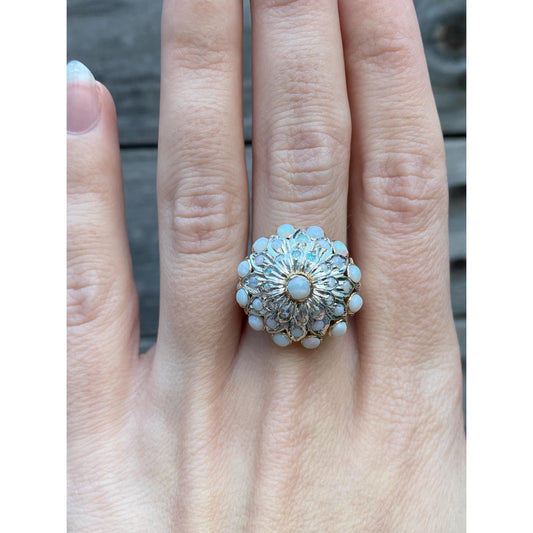 Vintage Solid 14k White & Yellow Gold Opal Halo Cocktail Ring - Size 6.5