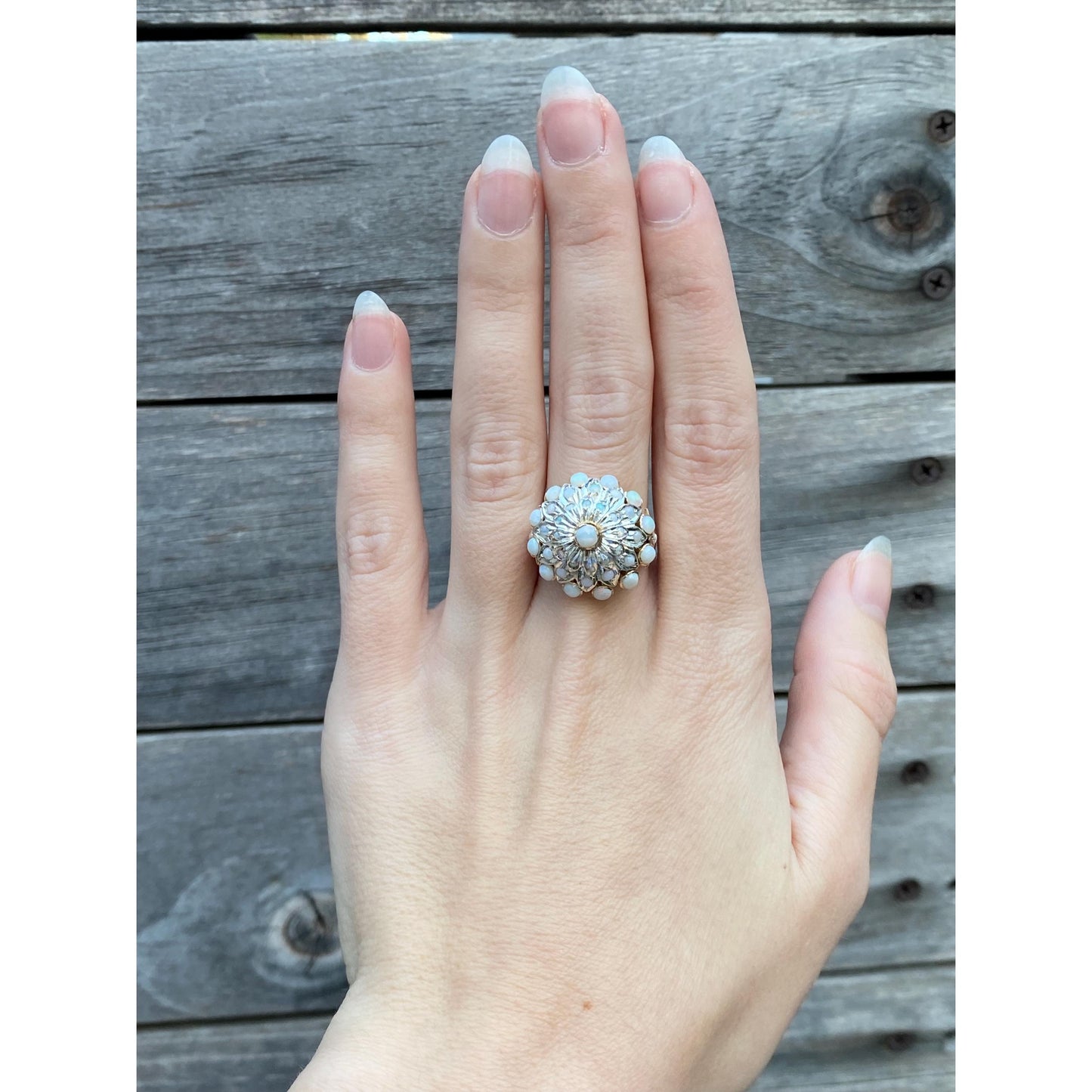 Vintage Solid 14k White & Yellow Gold Opal Halo Cocktail Ring - Size 6.5