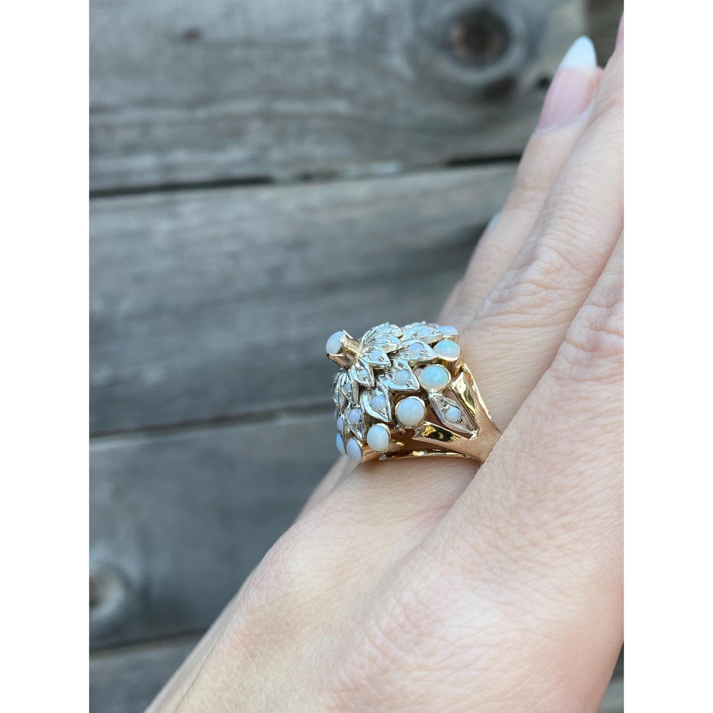 Vintage Solid 14k White & Yellow Gold Opal Halo Cocktail Ring - Size 6.5