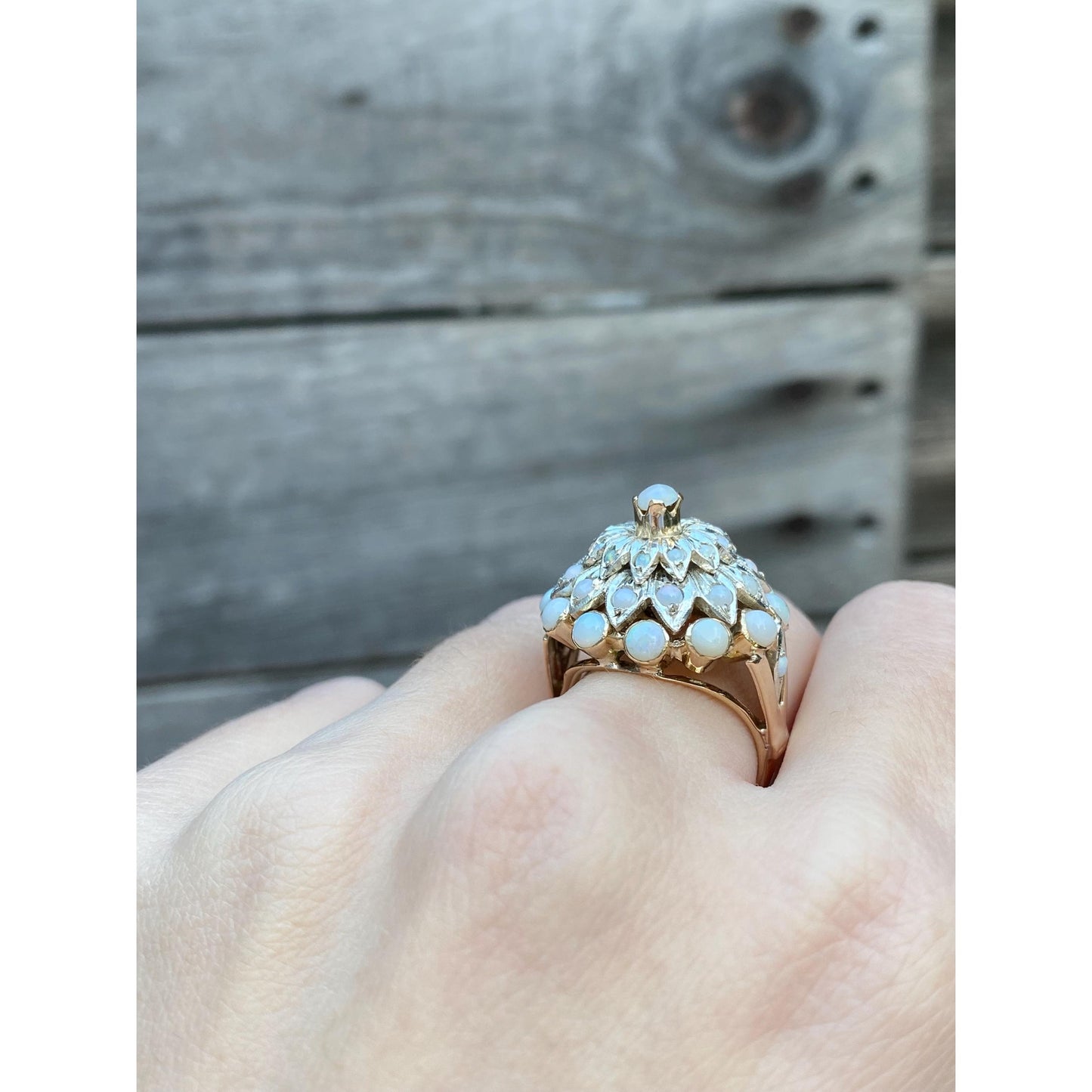 Vintage Solid 14k White & Yellow Gold Opal Halo Cocktail Ring - Size 6.5