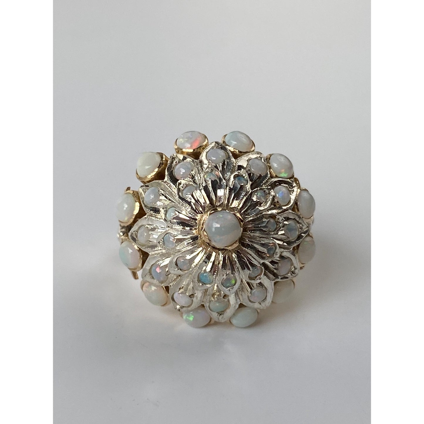 Vintage Solid 14k White & Yellow Gold Opal Halo Cocktail Ring - Size 6.5