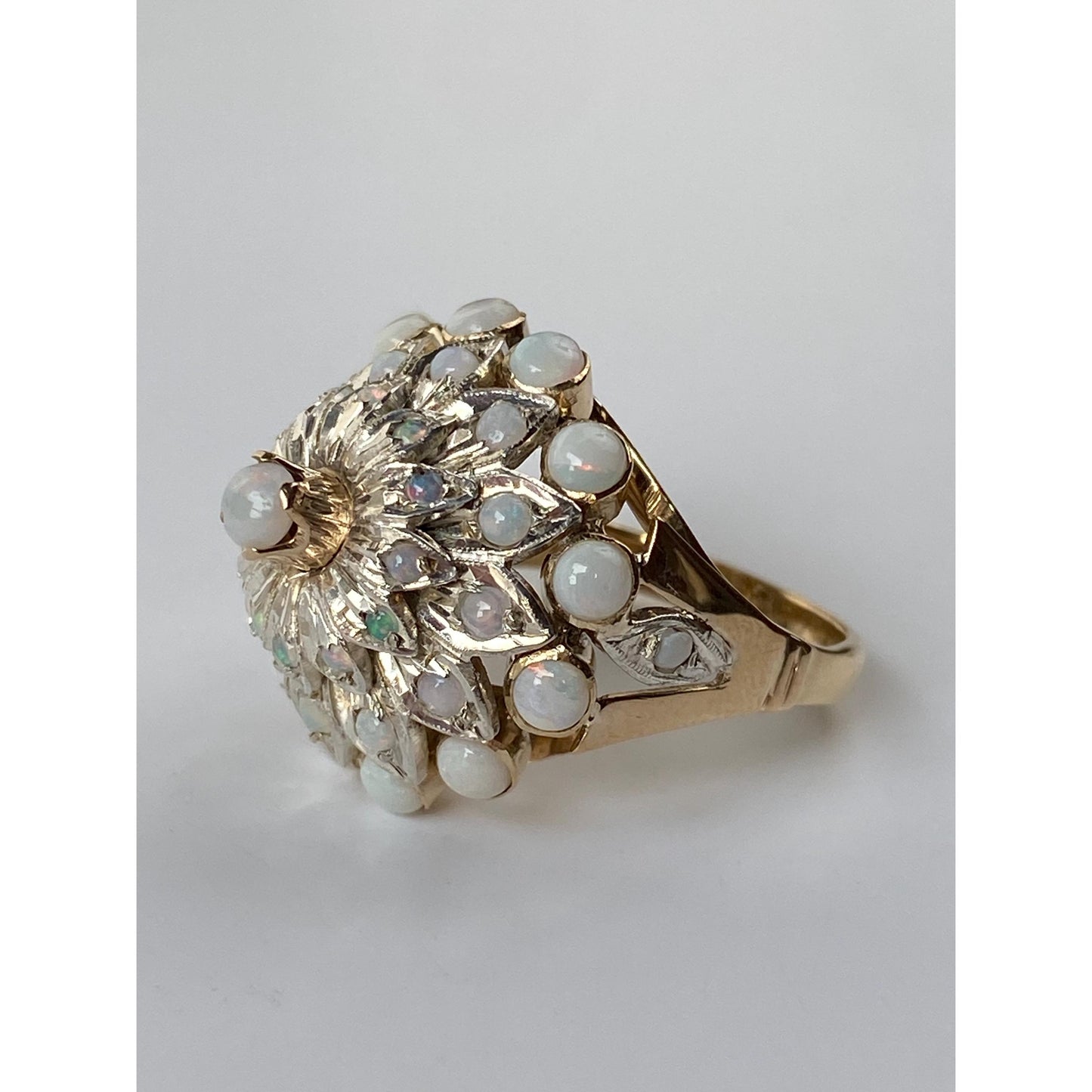 Vintage Solid 14k White & Yellow Gold Opal Halo Cocktail Ring - Size 6.5